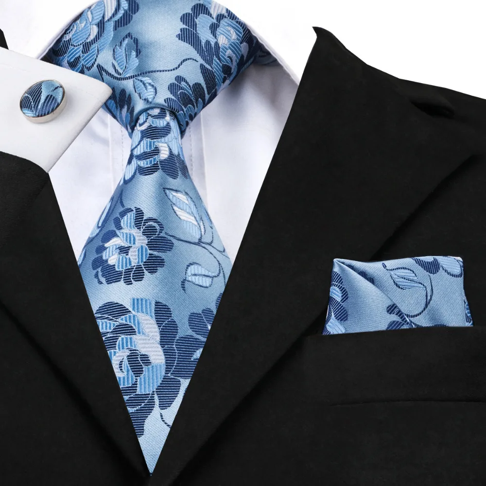 C 1397 Light Blue Floral Ties Set For Men Silk Neck Tie Pocket Square