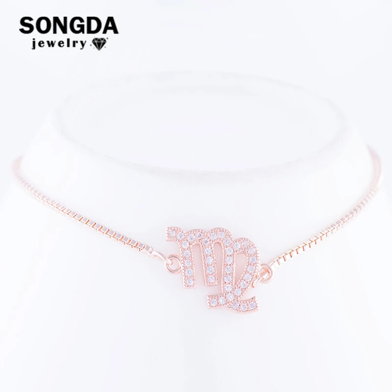 

SONGDA 12 Constellations Jewelry Virgo Symbol Link Chain Bracelet Micro Pave Crystal CZ Zodiac Signs Charm Bracelet for Women