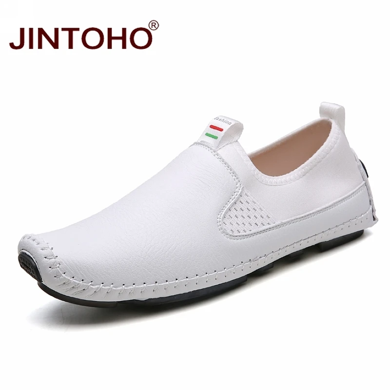 JINTOHO/Мужская обувь из натуральной кожи; модная мужская кожаная обувь; мужские лоферы без застежки; повседневные кожаные водонепроницаемые мокасины; большие размеры - Цвет: white