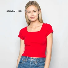 Женская хлопковая Футболка с квадратным вырезом, Повседневная футболка с коротким рукавом