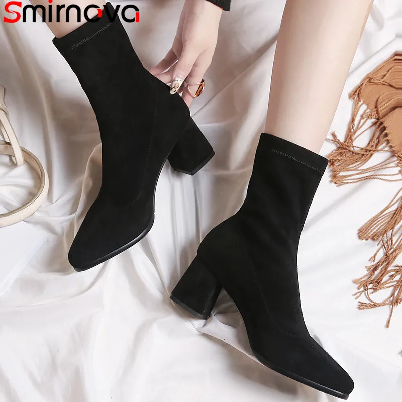 

Smirnova 2018 fashion autumn winter shoes woman suede leather high heels ankle boots women thick heel ladies boots size 34-42