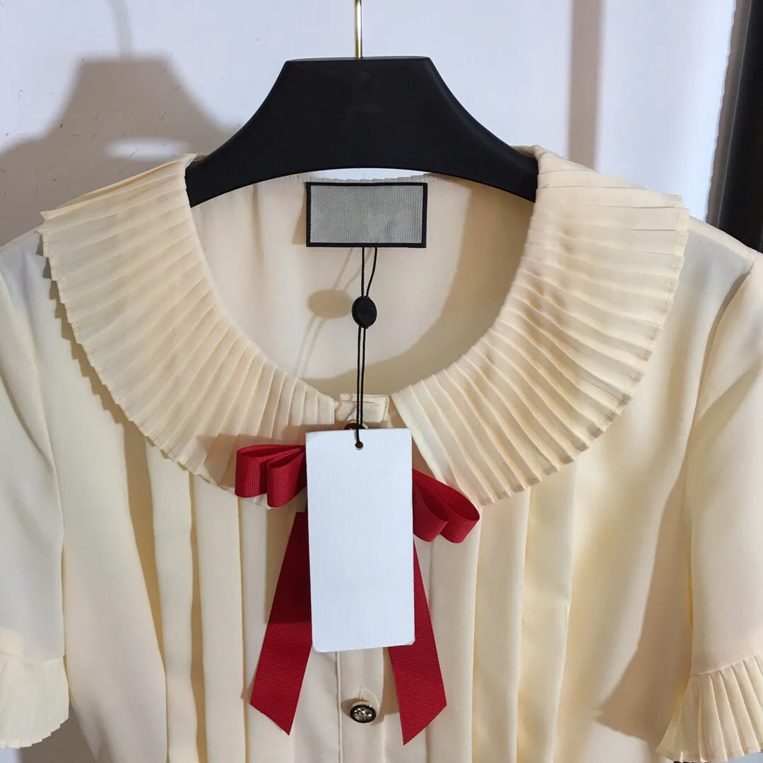 Новое поступление, шифоновое женское платье Vestido, милое абрикосовое платье с воротником «Питер Пэн», модные красные пуговицы с бантами, женское платье