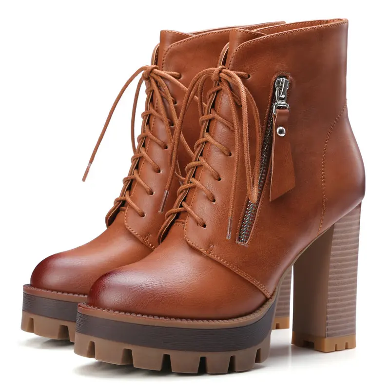 Женские ботинки на очень высоком каблуке модельные туфли на шнуровке женские демисезонные ботильоны на платформе женская обувь; большие размеры 41, 42 - Цвет: tan