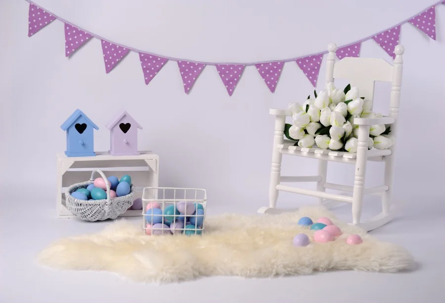 

Laeacco Chair Flowers Eater Eggs Carpet Flags Baby Photography Background Customized Photographic Backdrops For Photo Studio