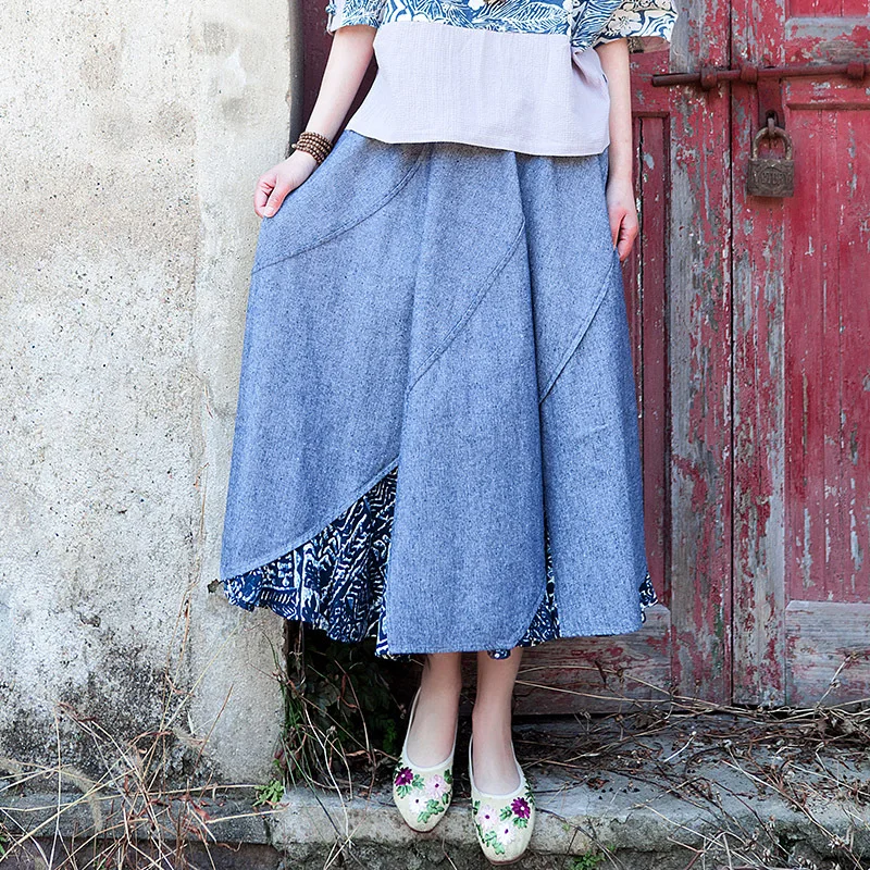 2017 Spring Summer Cotton Linen Loose Skirts ladies patchwork Spliced