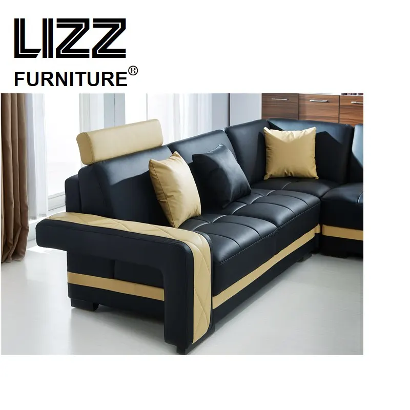 New Design--modern Creative U Shape Genuine Leather Sectional Sofa modular lounge furniture living room sofa set with LED light
