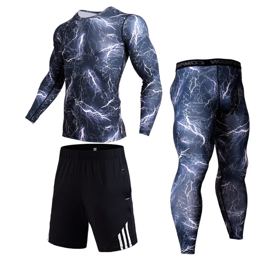 Compression Clothing Running Suit Camouflage Suit Fieece Leggings Men's Sports Suit Warm Men's Tracksuit Thermal underwear 4XL - Цвет: Blue lightning