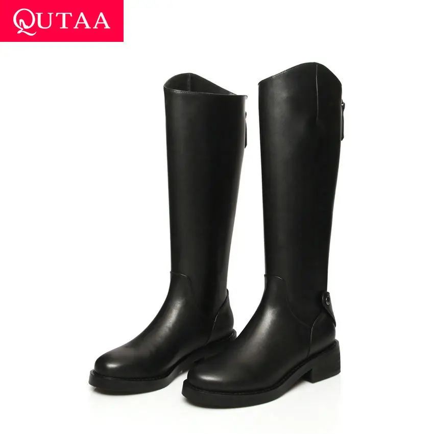 

QUTAA 2020 Cow Leather Comfort Middle Heel Round Toe Casual Mid Calf Boots Zipper Platform Autumn Winter Women Shoes Size 34-42