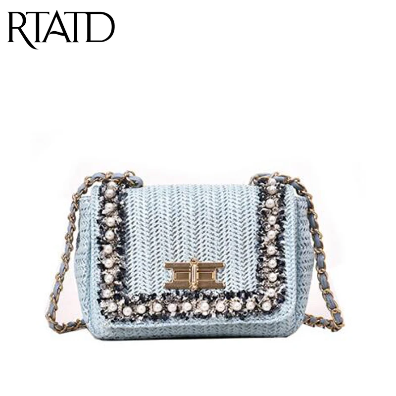 

Hot Chain Women's Straw Bags 2019 Summer New Pearl Flap Ladies Shoulder Crossbody Bags Fashion Beach Bags For Female Bolsa