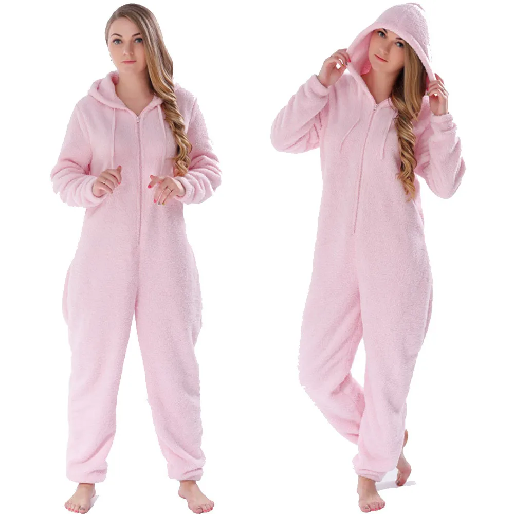 Women Onesies Winter Warm Pyjamas Fluffy Fleece Sleepwear Overall Hood ...