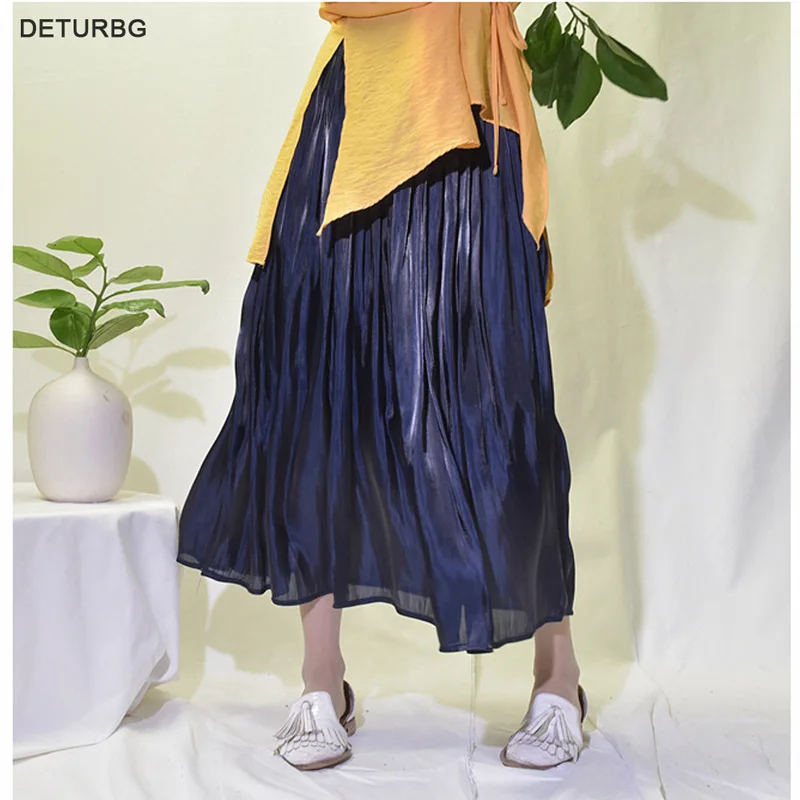 Womens Elegant Pleated Midi Long Skirt Ladies Casual Korean High Waist Metal Color Harajuku Skirts Jupe femme Faldas Autumn