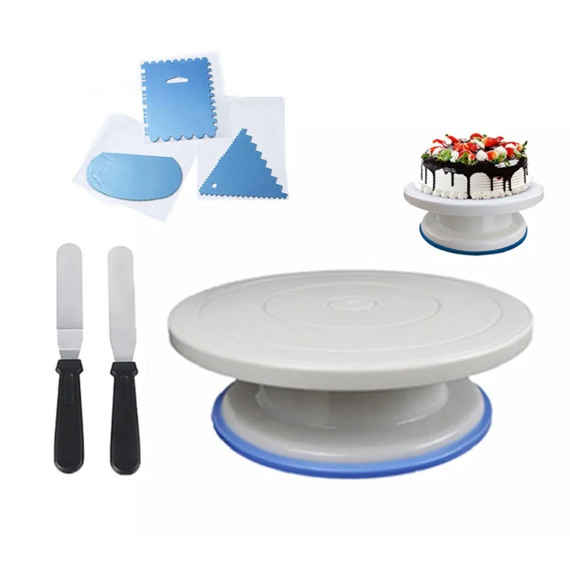 

7 PCS/Set Stainless Steel Cake Tools Turntable Rotating Cake Dough Knife Decorating 10 Inch Cream Cakes Stand Cake Rotary Table