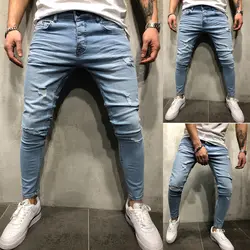 Hirigin модные джинсы Для мужчин Роза вышивка Тонкий уличная разрушен эластичный рваные байкерские джинсы скинни Для мужчин джинсовые узкие
