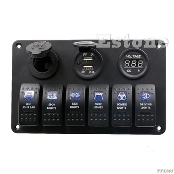 

New 6 Gang LED 12V 24V Rocker Switch Panel Circuit Breakers Charger for Boat Marine-W212