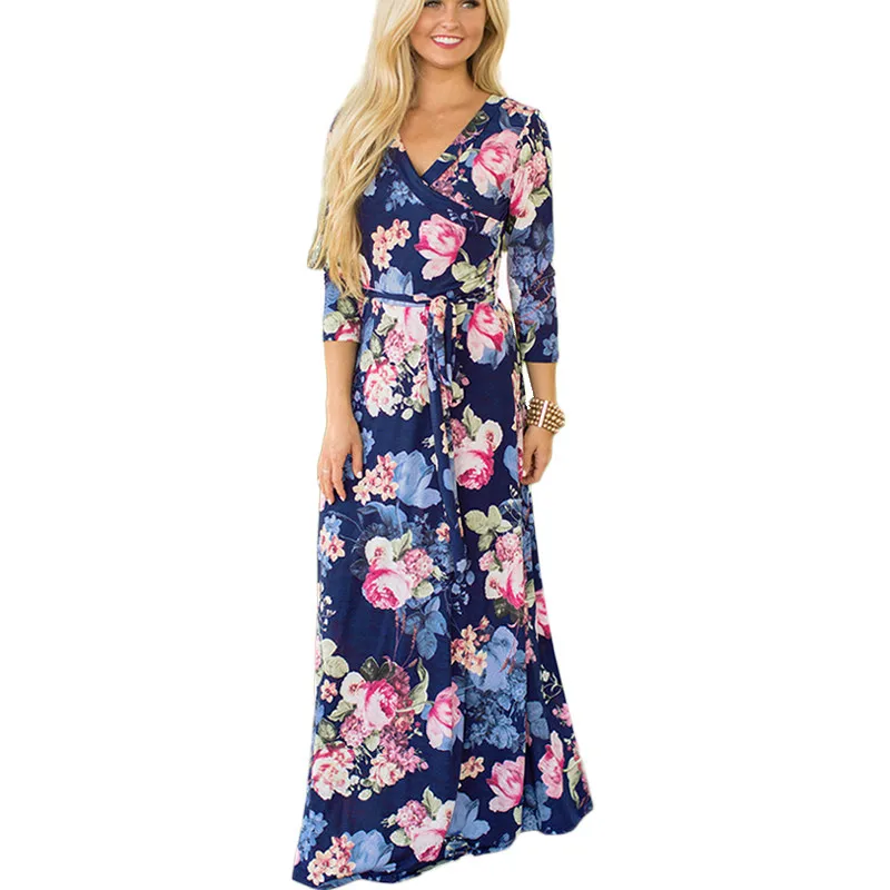 

Autumn Beach Long Dress 2019 Women Floral Print Bohemian Maxi Dress Boho Style V Neck Casual Party Dress Robe Femme Vestidos
