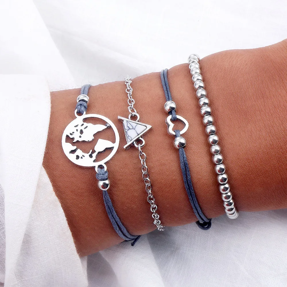 

Bohemian Map Heart Marble Charm Bracelets Bangles For Women Multilayer Rope Chain Silver Color Beads Bracelet Set Jewelry Gift