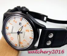 47mm parnis mostrador Branco Calendário De Couro Rebites 2017 marca top Marcas de Laranja Caso PVD Gaivota Homens mecânicos Automáticos Assista