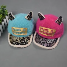PARIS IS BURNING Korean Autumn And Winter children Ox horn Warm Patch hat Boy girls Outdoor warm leisure caps Kids casual hat