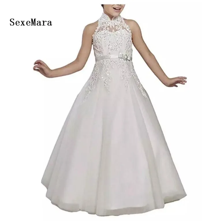 Wit Kant Bloem Meisjes Jurk Nieuwe Hoge hals Met Sexy Back Kralen Baljurk Meisjes Eerste Communie Pageant Jurken Custom gemaakt Wit Kant Bloem Meisjes Jurk Nieuwe Hoge hals Met Sexy Back Kralen Baljurk Meisjes Eerste Communie Pageant Jurken Custom gemaakt