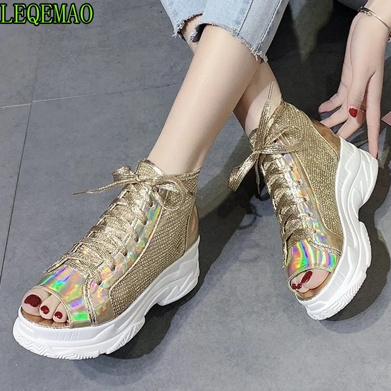 

womens high platform peep toe lace up gold sandals 2019 summer autumn thick bottom causal shoes woman silver sandalias