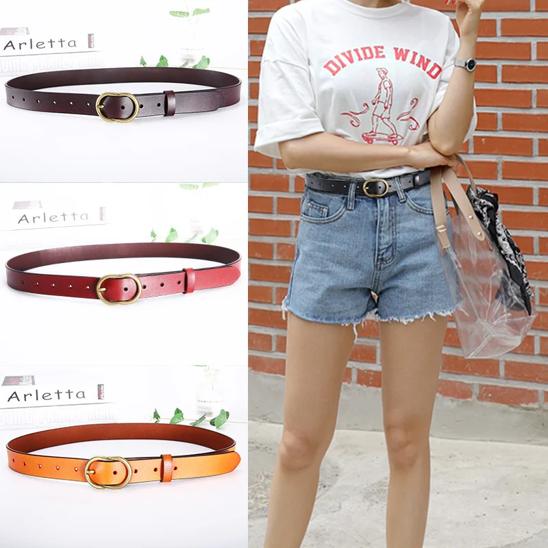 

2019 New Women's Belt with Golden Pin Buckles Retro Ladies Cowhide Belt Fashion Designer Belt Woman Thin Skinny Waist Strap