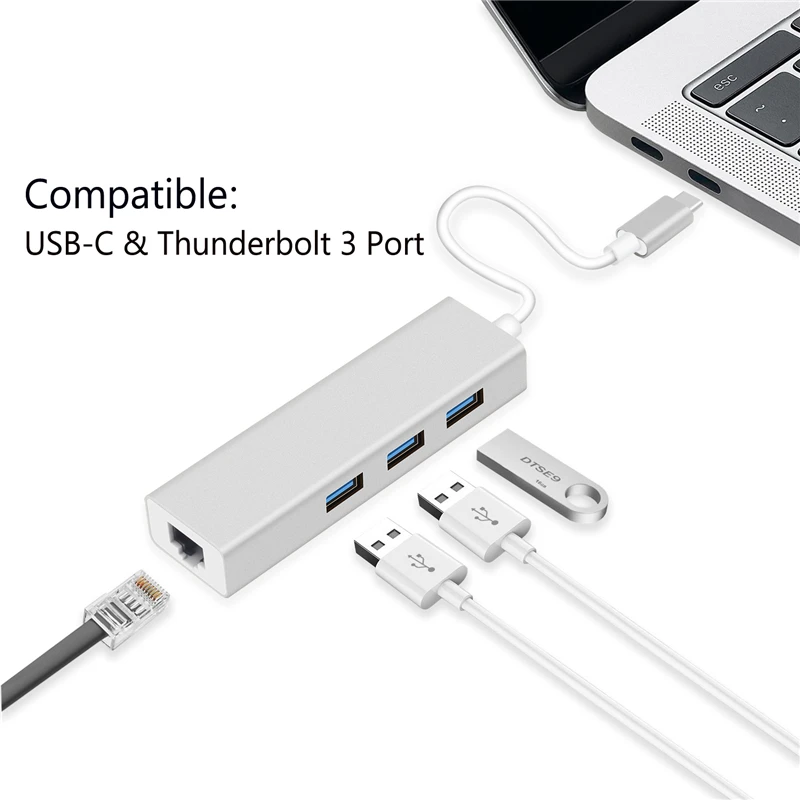 

3 Port USB 3.0 Hub 10 100 1000Mbps Gigabit Ethernet Lan RJ45 Network Adapter 2018 Type C To USB RJ45 ThunderBolt three Interface
