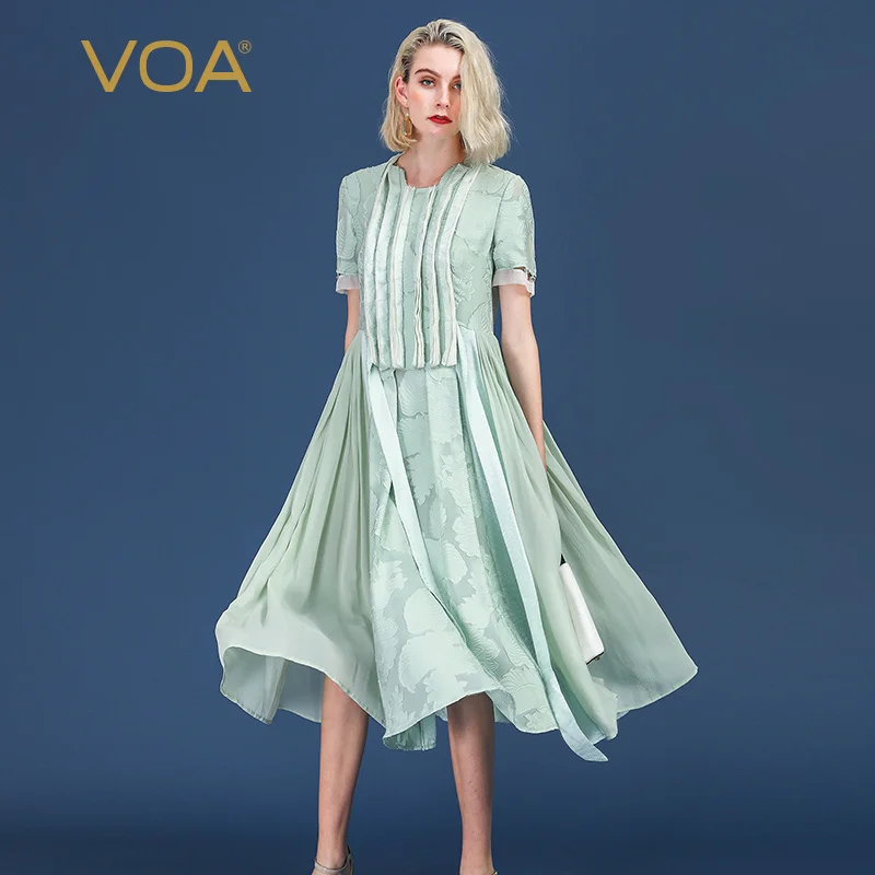 VOA шелк вышивка элегантное платье для женщин длинные плиссированные платья озеро зеленый бисер пояс милые летние с коротким рукавом 5XL A500
