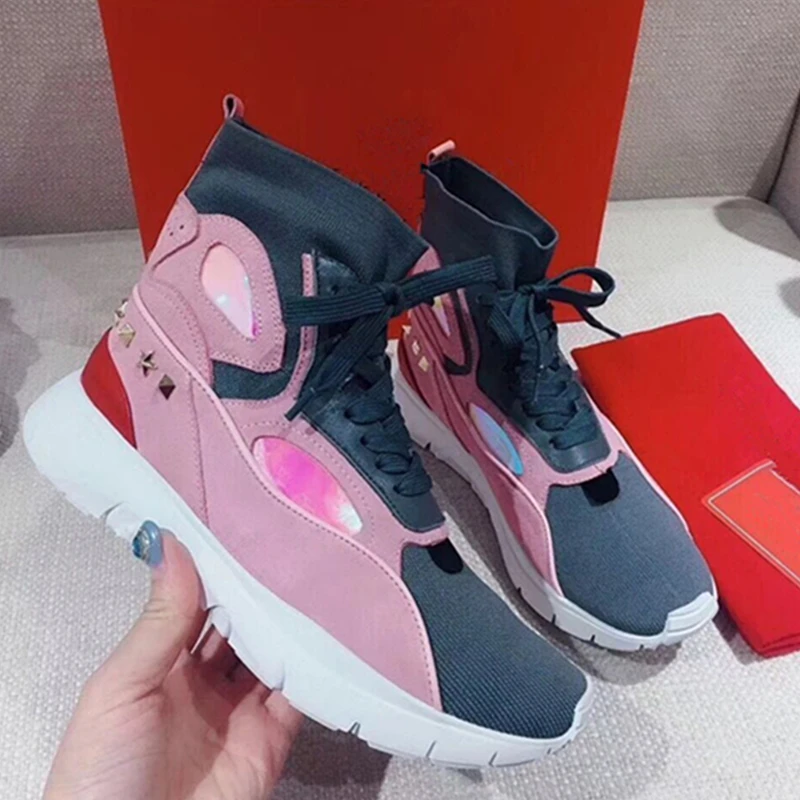 

Women Patchwork Boots New Cotton Fabric Air Women High Top Sneakers Runway Round Toe Lace Up Fltas Shoes Gladiator Casual Shoes