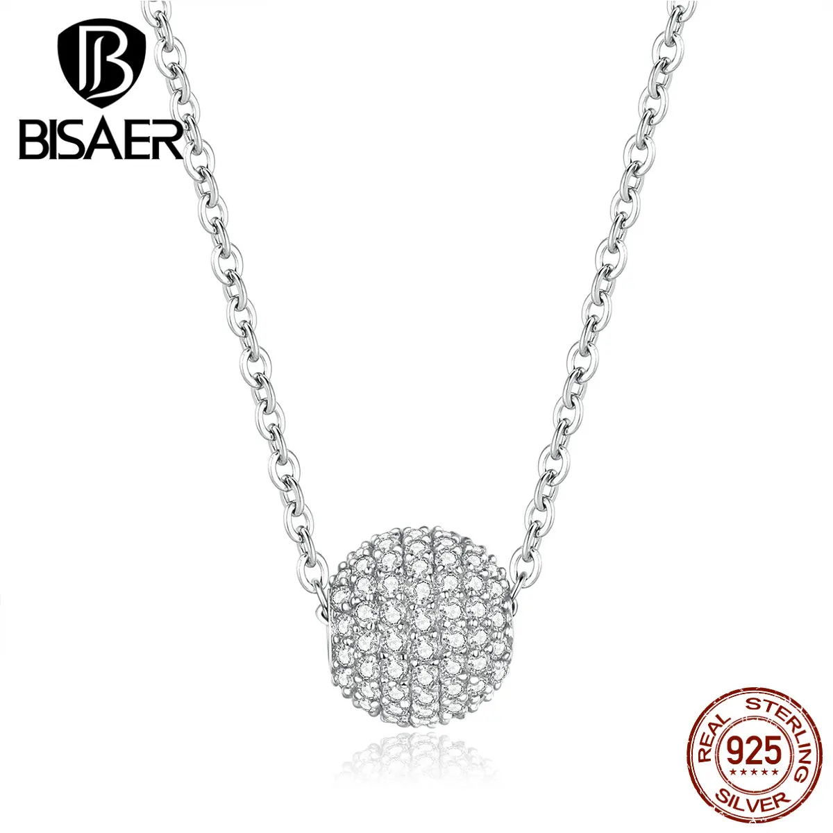 

Silver Collar BISAER 925 Sterling Silver Lucky Round Beads Pendant Necklaces for Women Luxury Silver Jewelry EFN089