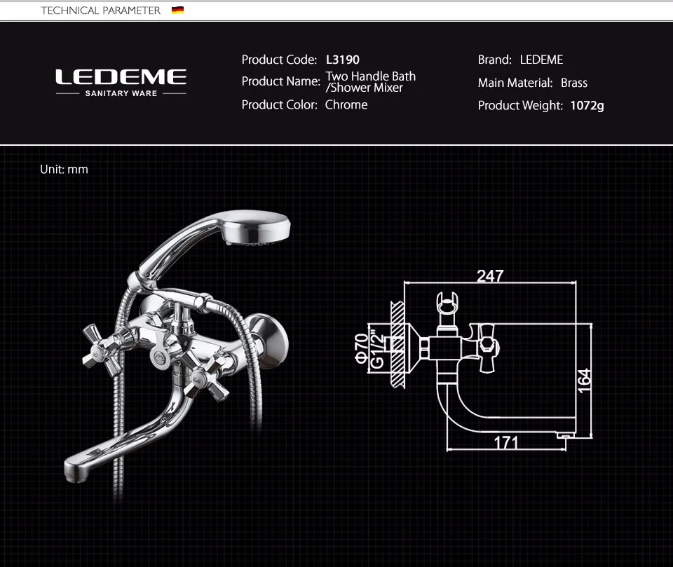 LEDEME Смеситель для ванны с коротким изливом латунь Цвет: хром L3190