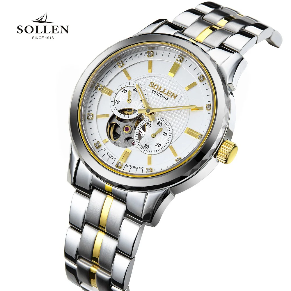 

SOLLEN Top Brand montres Mechanical Watch Men Sport Gold Clock Mens fashion Calendar Automatic Wristwatch hollow Tourbillon 9005