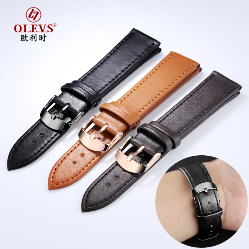 

OLEVS Men Watch Strap Genuine Leather Watchband 20CM Black/Brown/Yellow Band Soft Belt Buckle Wristwatch Accessories 20mm Width
