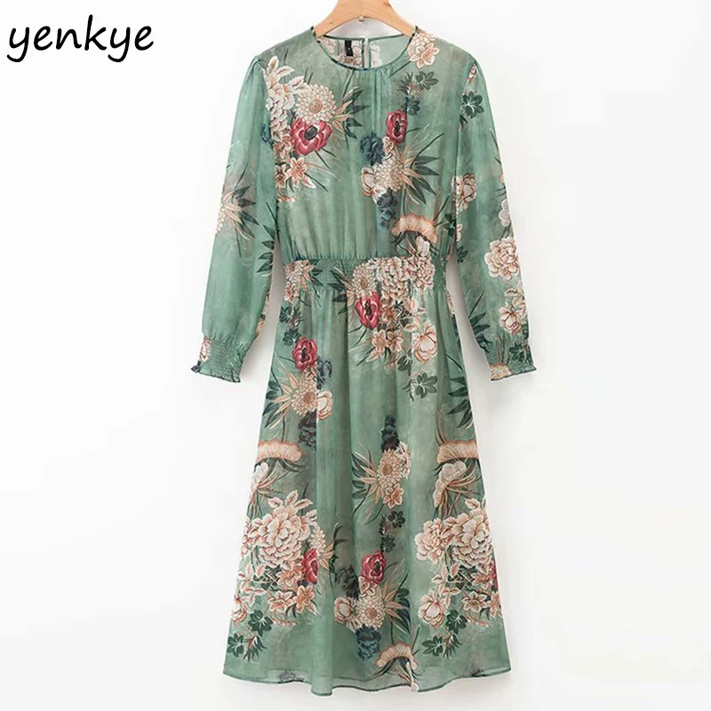 

Chiffon Summer Dress Women Green Floral Print Long Dress Lady O Neck Long Sleeve Elastic Waist A-line Casual Dress Plus Size