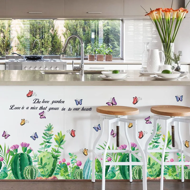

Green Plant Cactus Butterfly Baseboard Wall Stickers Leaves Wall Decal For Living Room Window Bedroom Kids Room Mural Home Decor