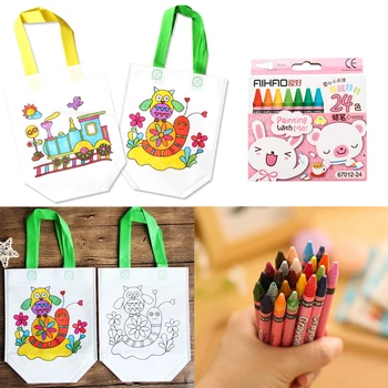 

Besegad 12PCS Kids Children Non-woven DIY Graffiti Painting Drawing Handbags Tote Bag 24PCS Crayons for Birthday Christmas Gifts
