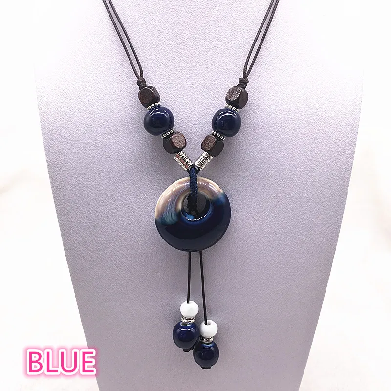 

Fashion Ethnic Jewelry Traditional Handmade Ornaments Weave Wax Rope Ceramics Necklace Ceramics Beads Pendant Long Necklace #04
