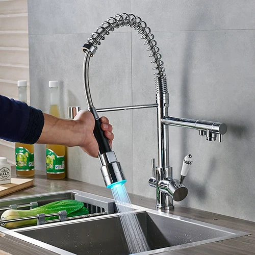 Uythner Waterfilter taps kitchen faucets Three Spout Deck Mounted Mixer Tap 360 Degree rotation Water Purification Feature Crane - Цвет: LED without Cover