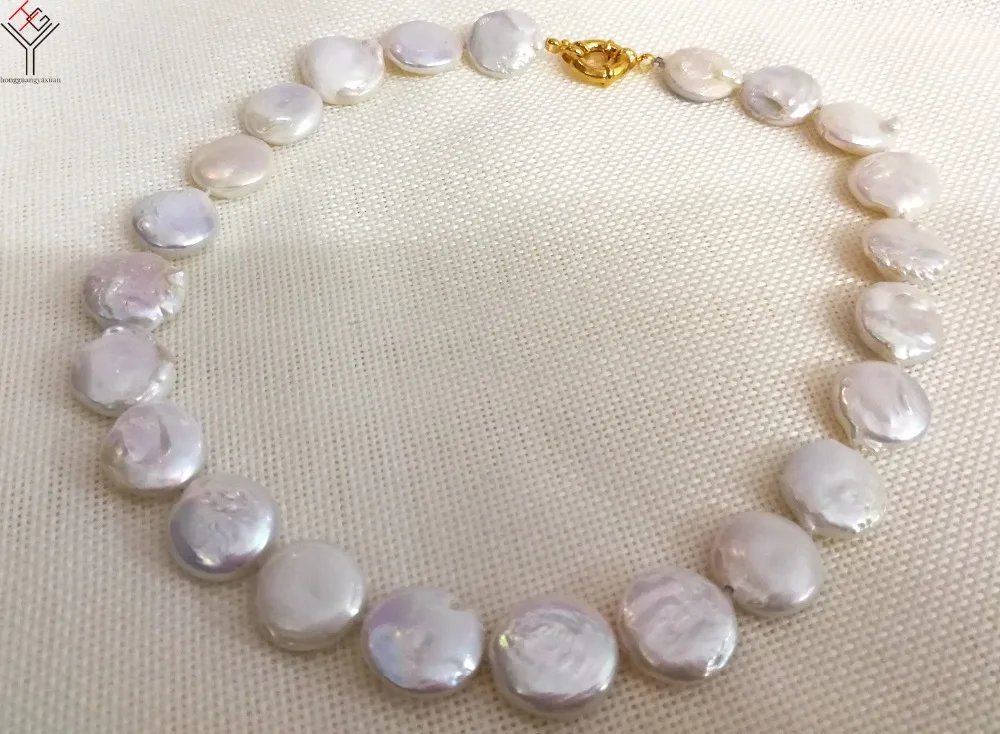 17'' 43cm Women Jewelry necklace 12x13mm white gray round slice coin pearl handmade necklace gold clasp natural freshwater pearl