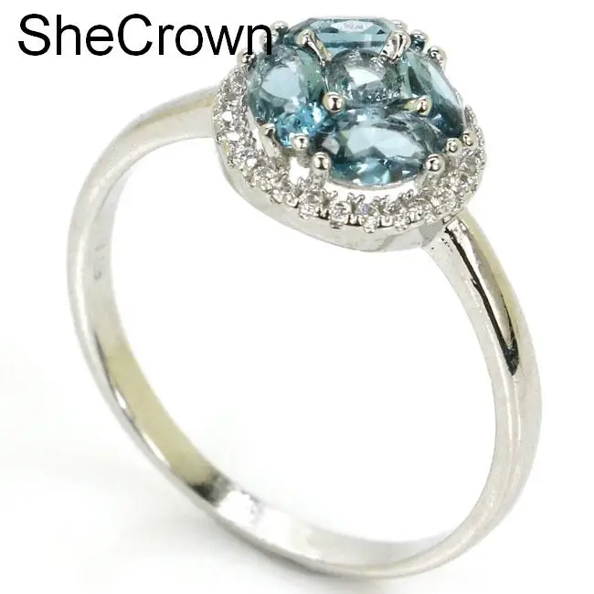 

Elegant London Blue Topaz White CZ SheCrown Ladies Present Silver Ring 10x10mm