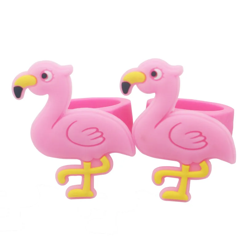 6pcs Silicone Cartoon Flamingo Finger Rings Jewelry Toys for Hawaiian Party Decoration Wedding Birthday Kids Gifts