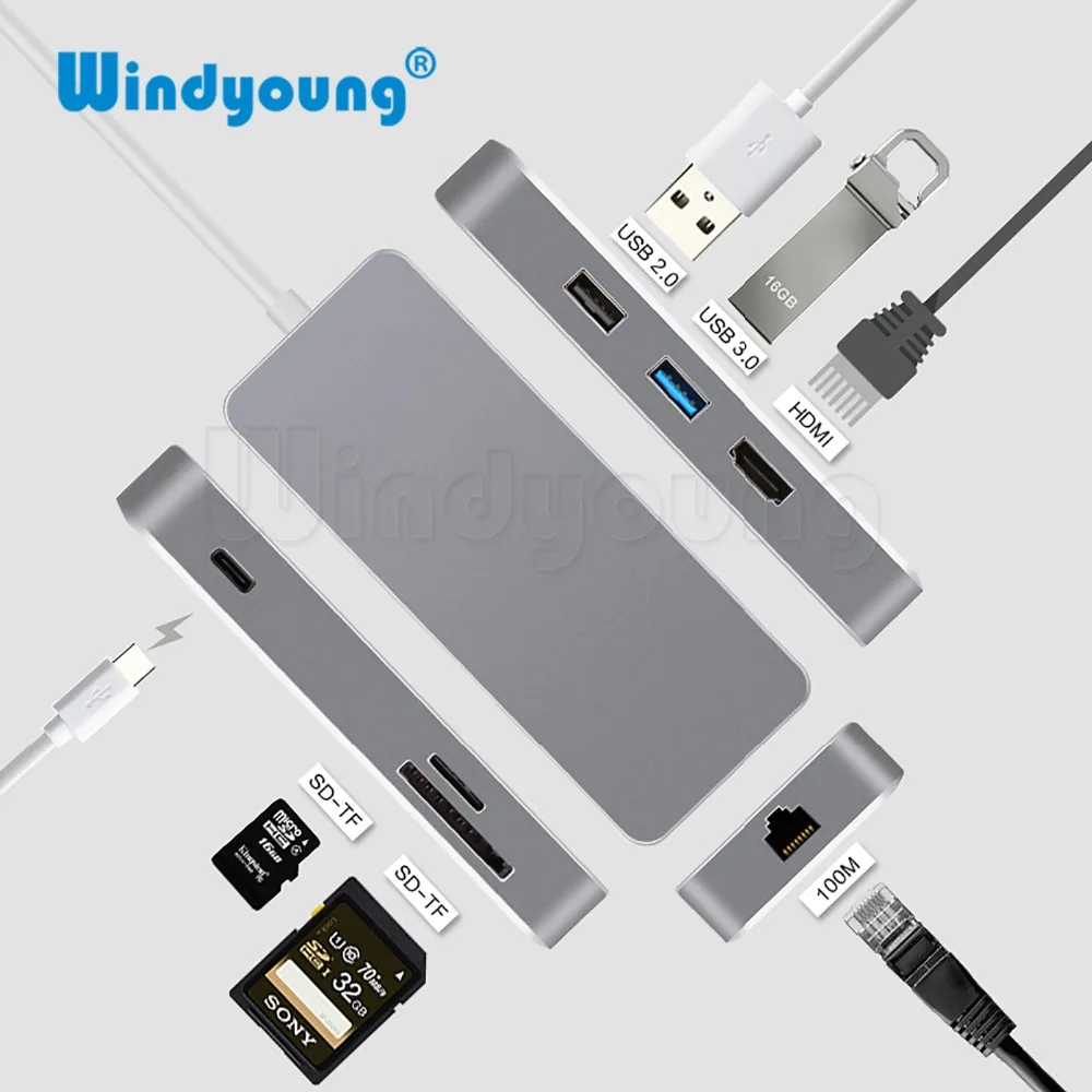 

7 in 1 Thunderbolt 3 USB-C to HDMI Rj45 Fast Ethernet Adapter USB Type C Hub Dock Dongle with Power Delivery for Macbook HUAWEI