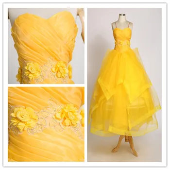 

Customized Beauty And The Beast Cosplay Costume Princess Belle Dresses Adult Halloween Costume Women Yellow Party Dance Dress