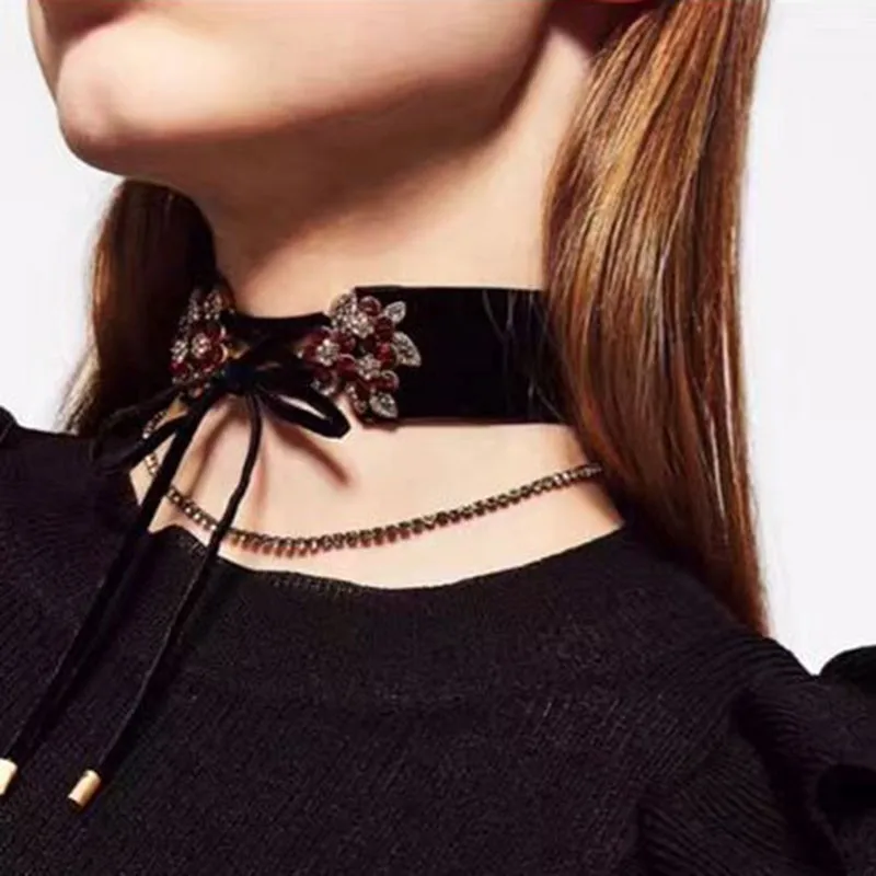 2016 Fashion Sexy Cheap Collar Choker Flower Black Neckl Velvet ZA Maxi