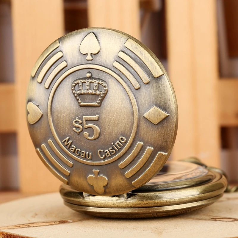 Retro Macau Casino Chip Money Poker Design Quartz Pocket Watch Copper Nostalgia Fob Necklace Watch Souvenir Gifts for Men Women  2019 (7)