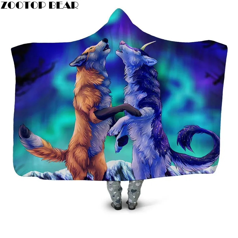 

Wolf Anime 3D Print Hooded Blanket Youth Fashion Casual Sofa Office Bedspread Fleece Throw Blanket Popular Wearable Blanket