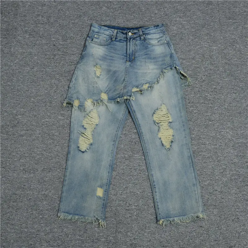 Европейский и американский стиль, свободные синие джинсовые штаны, женские рваные винтажные рваные джинсы с высокой талией, поддельные джинсы pieces