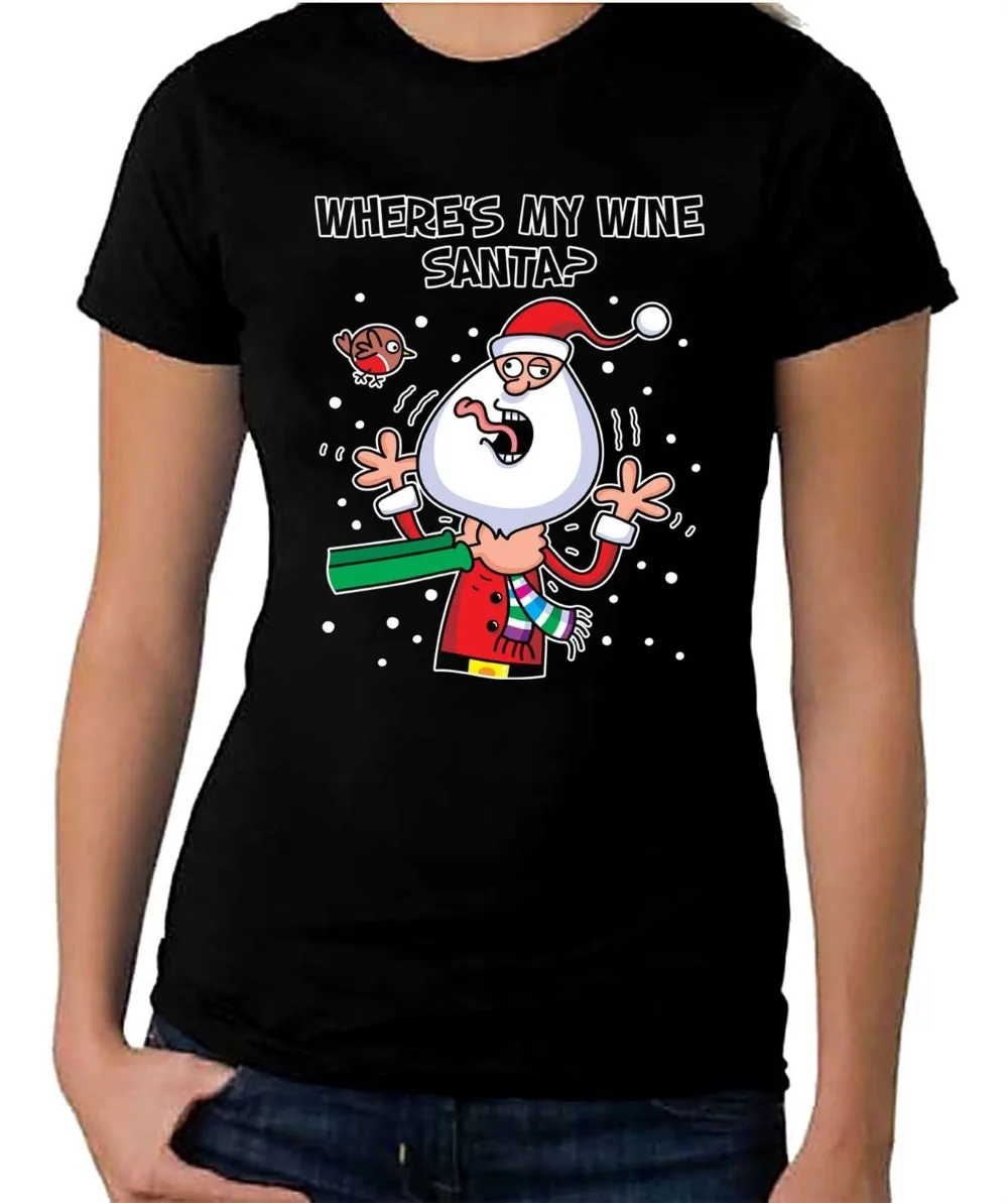 Забавная Рождественская женская футболка Where's My Wine Santa | Женская одежда