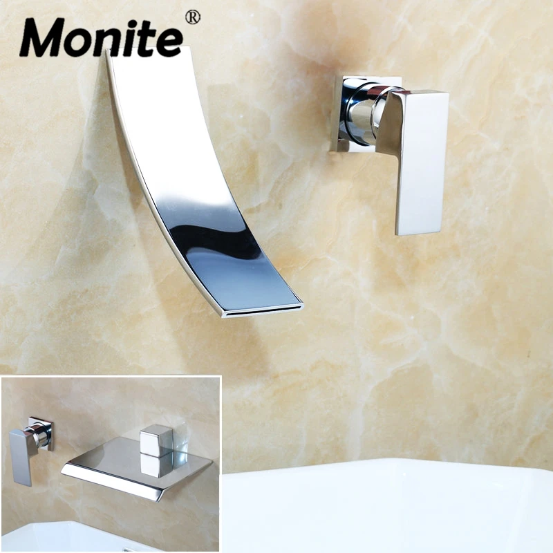 

Monite Wall Mounted Waterfall Spout Chrome Solid Brass Bathroom Basin Sink Faucet Single Handle Hot And Cold Mixer Tap