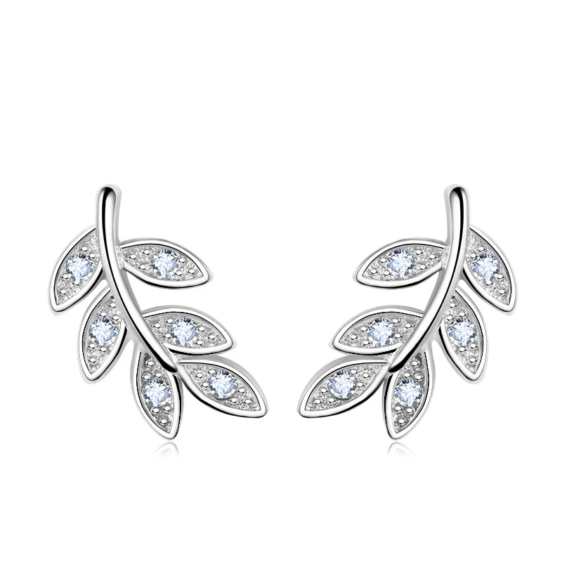 

Silver Plated Stud Earrings for Women Leaves with AAA Crystal Summer Fashion Ear Jewelry Accessories