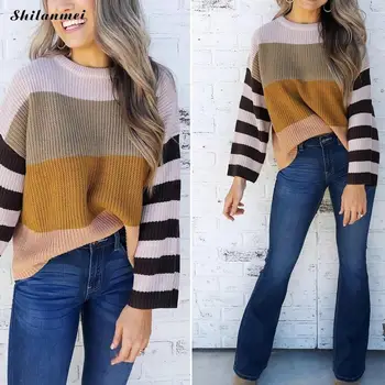 

Autumn Winter Sweater Patchwork Women Sweater Casual Long Sleeve Pullovers Loose Women O-Neck Knitwear Femme Soft Sweater